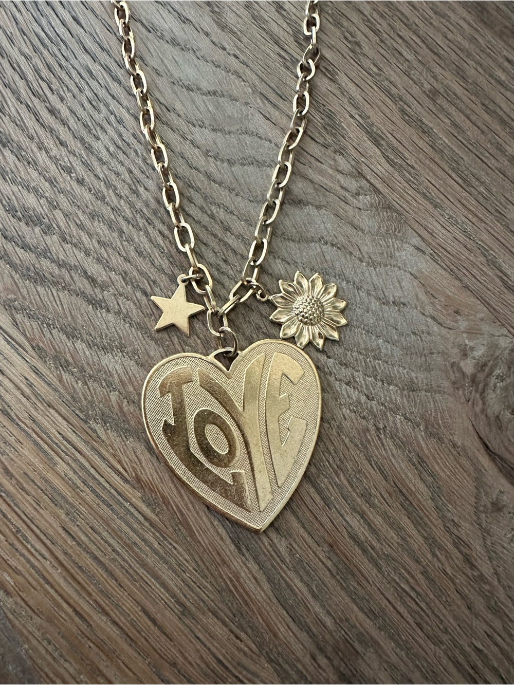 Gold Heart 'LOVE' Pendant Necklace with Sunflower and Star Charms - Gold